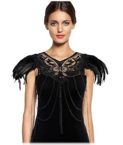 keland Gothic Black Feather Epaulette Cape Spitzenkörpergurt für Halloween-Party (Schwarz) von keland