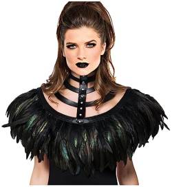 keland Gothic Feder Umhang Schultertuch Schulterumhang mit Punk Leder Choker Kragen für Halloween Cosplay Kostüm (X-Schwarz) von keland