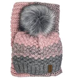 kennydoo Mütze & Schal Set / 2 teilig/Damen Kombi - Beanie mit großem Bommel und Loop/kuschelig gestrickt (rosa/grau) von kennydoo