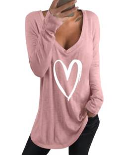 kenoce Tshirt Damen Casual Tunika Tops V-Ausschnitt Solides T-Shirt A1-Pink XL von kenoce