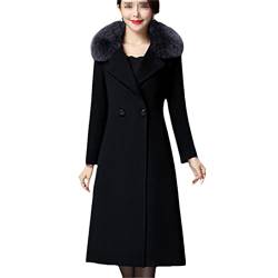 Wintermantel für Damen, Pelzkragen, Wollmantel, lässiger Trenchcoat mit langen Ärmeln, große Größe, Schwarz , 36 von keusyoi