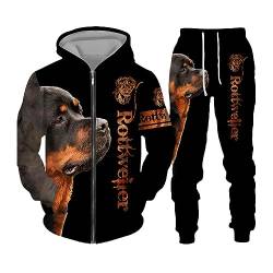 keusyoi 3D-Hund Rottweiler Bedrucktes Reißverschluss-Sweatshirt Und Trainingsanzug, Kapuzenpullover Mit Hose, 2-Teiliges Damen-Herren-Workout-Outfit von keusyoi