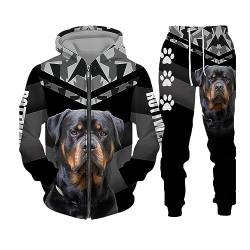 keusyoi 3D-Hund Rottweiler Bedrucktes Reißverschluss-Sweatshirt Und Trainingsanzug, Kapuzenpullover Mit Hose, 2-Teiliges Damen-Herren-Workout-Outfit von keusyoi