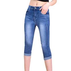 keusyoi Damen Denim Reithose Sommer Hohe Taille Caprihose Gerade Stretch Skinny Cropped Jeans Streetwear, 101, 26 von keusyoi