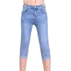 keusyoi Damen Denim Reithose Sommer Hohe Taille Caprihose Gerade Stretch Skinny Cropped Jeans Streetwear, 102, 26 von keusyoi