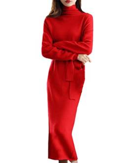 keusyoi Damen Kleid aus 100 % Wolle, einfarbig, langärmelig, Strickkleid, modisch, schmal, lang, Kaschmirkleid, Pullover, rot, Small von keusyoi