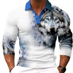 Freizeit-Polohemd für Männer Tier Wolf Print Umlegekragen Knopf Langarm T-Shirt Mode Casual Polo Shirts Streetwear Täglich Pullover von kewing