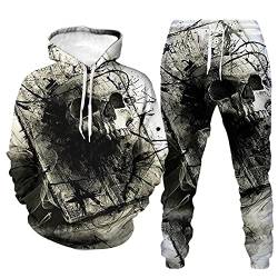 Herren 2 Stück Trainingsanzug Set 3D Totenkopf Print Outfit Punk Rock Hoodie Sweatshirt Jogginghose Casual Pullover Sportanzüge von kewing