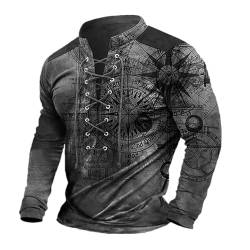 Herren Kompass Grafik Langarm-T-Shirt Vintage Stehkragen Lace Up Top 3D-bedrucktes Freizeit-Henley-Shirt Straßen-Pullover-Top von kewing