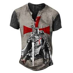 Herren Ritter Templer 3D Print T-Shirt Retro Kurzarm Distressed Henley Hemden von kewing