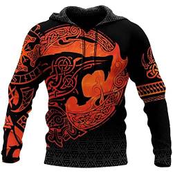 Herren Viking Tattoo Print Hoodies Lose Casual Viking 3D Hoodie Langarm Pullover Sweatshirt mit Tasche von kewing