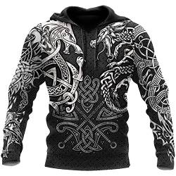 Herren Viking Tattoo Print Hoodies Lose Casual Viking 3D Hoodie Langarm Pullover Sweatshirt mit Tasche von kewing