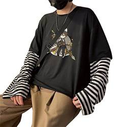 kewing Anime Genshin Impact Gorou Bedrucktes Langarm T-Shirt Streetwear Hip Hop Unisex Oversize Fake Two T-Shirts mit Streifen Sleeve von kewing