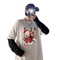kewing Anime Genshin Impact Klee Langarm T-Shirt Harajuku Gedruckt Oversized Fake Two T-Shirts mit gestreiften Ärmeln von kewing