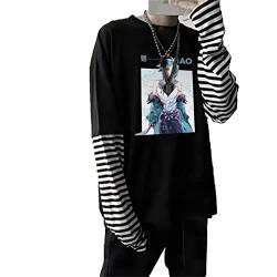 kewing Anime Genshin Impact XIAO Bedrucktes Langarm T-Shirt Streetwear Hip Hop Unisex Oversize Fake Two T-Shirts mit Streifen Sleeve von kewing