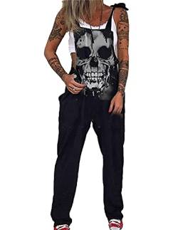 kewing Frauen Retro Totenkopf Print Punk Overall Sonnenblumen Printed Latzhose für Frauen Overall Latzhose Hosen TRO von kewing