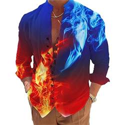 kewing Herren Freizeithemd mit Stehkragen EIS und Feuer Grafik Button Down Langarm Hemden Mode Spezial Knopfoberteile Outdoor Street Blouse Henley Hemd von kewing