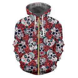 kewing Herren Hoodie Totenkopf Print Zip Up Pullover Rose Skull Pattern Zipper Hoodies Casual Outwear Zipper Pullover Sweatshirt von kewing