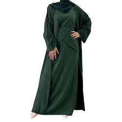 Damen Muslim Abaya Kleid Dreiteiliges Set Islamisches Gebet Robe Open Front Flowy Maxi Cardigan Kleid, Dunkelgrün, Medium von khalat