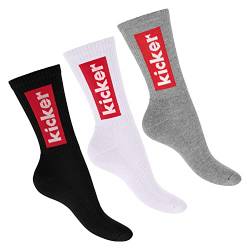 kicker Damen & Herren Crew Socks (3 Paar) Schwarz Weiß Grau 43-46 von kicker