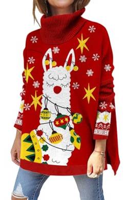 kids4ever Damen Hässliche Weihnachtspullover Rollkragenpullover Langarm Seitlichem Schlitz Christmas Sweater Alpaka Bedruckt Weihnachten Strickpullover Weihnachtspulli Rot XL von kids4ever