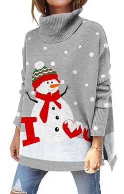 kids4ever Damen Weihnachtspullover Rollkragenpullover Schneemann Bedruckter Weihnachten Pullover Langarm Seitenschlitz Festlich Gerippter Strickpullover Weihnachtspulli Christmas Sweater Hellgrau L von kids4ever