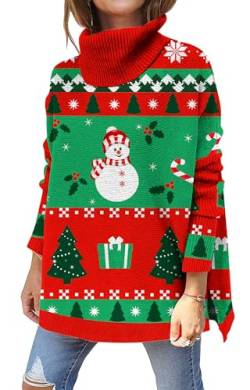 kids4ever Damen Weihnachtspullover Weihnachten Rollkragenpullover Schneemann Bedruckt Christmas Sweater Langarm Seitenschlitz Weihnachtspulli XL von kids4ever