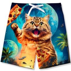 kids4ever Jungen Badehose Schnell Trocknend 3D Gedruckte Badeshorts Verstellbarer Kordelzug an der Taille Badeshorts mit Hawaii Katze Laufsporthose für Kinder von 9-10 Jahren von kids4ever