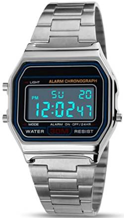 kieyeeno Digitale Quarz-Armbanduhr, 30 m, wasserdicht, digital, LCD-Zifferblatt, mit Armband aus Kunstharz, multifunktional, LED-Hintergrundbeleuchtung, Alarmkalender, silber von kieyeeno