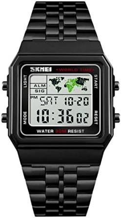 kieyeeno Herren-Armbanduhr, Sportuhr, digital, 30 m, wasserdicht, mit Armband aus Edelstahl, Multifunktions-Uhr, AVCE LED Licht, Schwarz von kieyeeno