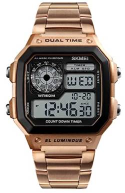 kieyeeno Unisex Digital Armbanduhr Herren Damen Sportuhr Arbeit 50m wasserdicht LED Hintergrundbeleuchtung Armband Edelstahl Uhren, gold, Armband von kieyeeno