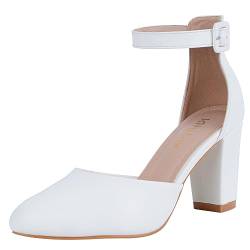 kihutor Geschlossene Zehenabsätze für Frauen – Schwarz, Nude, Weiß, Silber, Gold, runde Zehenpartie, klobige Hochzeit, Block, Damen-Pumps, Schuhe, 7,6 cm, Weißes Pu, 37.5 EU von kihutor