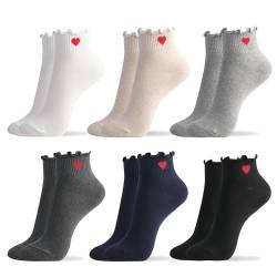 Damen-Knöchelsocken, 5–6 Paar, Rüschen, Herz-Rüschen, Punktemuster, Emoji-Druck, koreanische Baumwollsocken, Größe 39-42, Rüschenherz, 6-8 von kikiya socks