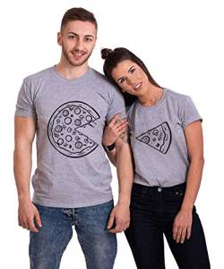 Pärchen T-Shirts Set Shirts für Paar Partner Look Baumwolle Liebhaber Pizza Tshirt (Grau1+Grau1, Herr-2XL+Dame-L) von king queen shirts