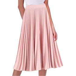 Damen Elastischer Faltenrock mit hoher Taille, A-Linie, Midirock, Swing-Rock, schicker Vintage-Rock, langer Rock, rose, 40 von kinstell