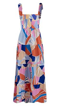 kinstell Damen Sommer Boho Spaghettiträger Quadratischer Ausschnitt Rüschen Casual Flowy Lange Kleid Strand Swing Party Maxikleid, Z-blue Floral, Groß von kinstell