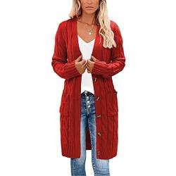 kinstell Damen-Strickjacke mit langen Ärmeln, Knopfleiste, grob, Aran-Zopfmuster, lange Länge, Boyfriend-Grandad-Cardigan, rot, L von kinstell