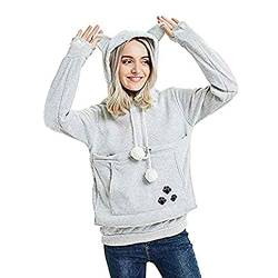 kiss me Damen-Kapuzenpullover, niedlicher Kängurubeutel, Kapuzen-Sweatshirt mit Kapuze und großer Tasche für kleine Haustiere, grau, 42 von kiss me