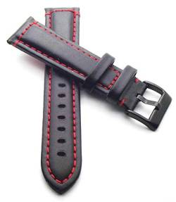 klug-versand 22 mm Uhrenarmband Kalbsleder schwarz Glatt mit rote Naht Schließe: schwarz von klug-versand