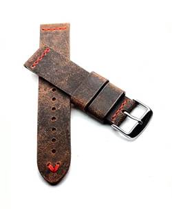 klug-versand Vintage 22 mm Uhrenarmband Flieger dunkelbraun echt Kamel-Leder Kamelleder mit rote Naht von klug-versand