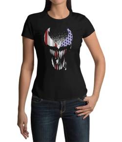 Amerika USA Flagge Damen Tshirt Skull Totenkopf Shirt Frauen Damenmode für den Sommer Oberteil Regular Fit Tailliert als Geschenk in Schwarz Kurzarm Gr. XS-3XL (Schwarz, M) von knut Fashion & Streetwear