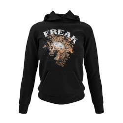 Aufdruck Freak - Frauen Hoodie Sweatshirt für Damen Totenkopf Kapuzenpullover Punks Rocknroll Skull Ladyfit Figurbetont Motive Biker Fanartikel Klamotten Merch Schwarz Grau XS-3XL (Schwarz, S) von knut Fashion & Streetwear