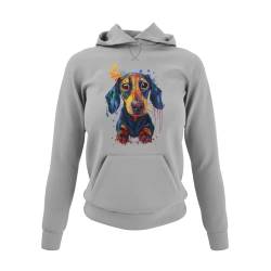 Deutscher Dackel Damen Hoodie - Frauen Kapuzenpullover für Teckel Fans Sweatshirt angenehm weich in Schwarz Rosa Weiß und Grau Regular Fit Figurbetont für Hundeliebhaber gr. S-3XL (Heather Grey, XXXL) von knut Fashion & Streetwear