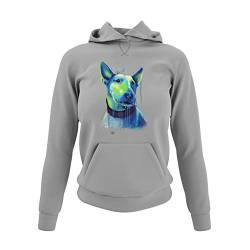 Frauen Hoodie Kapuzensweatshirt Bullterrier Handgemalt Damen Kapuzenpullover Sweatshirt für echte Englisch Bullterrier Fans Schwarz Magenta Pink Heather Grey und Gr. XS-3XL (Heather Grey, XS) von knut Fashion & Streetwear