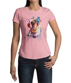 French Bulldog Frauen T-Shirt Druck Französische Bulldogge gemalt Damen Shirt tailliert Schwarz Weiß Rosa in Gr. XS-XXXL (Soft Rose, M) von knut Fashion & Streetwear