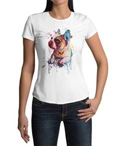 French Bulldog Frauen T-Shirt Druck Französische Bulldogge gemalt Damen Shirt tailliert Schwarz Weiß Rosa in Gr. XS-XXXL (Weiß, M) von knut Fashion & Streetwear