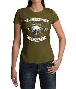 Hochwertig bedrucktes Damen T-Shirt Aufdruck Live in Chaos Frauen Shirt Regular Fit Punks Totenkopf Schwarz Pink Khaki Green gr. S-3XL (Khaki Green, XS) von knut Fashion & Streetwear