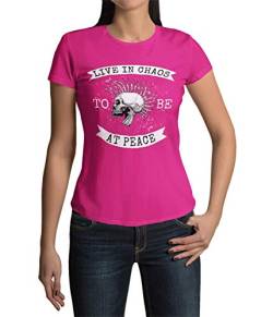 Hochwertig bedrucktes Damen T-Shirt Aufdruck Live in Chaos Frauen Shirt Regular Fit Punks Totenkopf Schwarz Pink Khaki Green gr. S-3XL (Magenta Pink, S) von knut Fashion & Streetwear