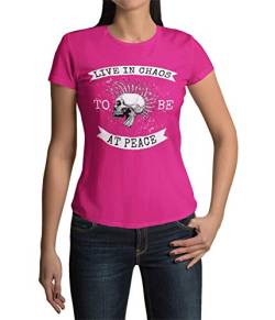 Hochwertig bedrucktes Damen T-Shirt Aufdruck Live in Chaos Frauen Shirt Regular Fit Punks Totenkopf Schwarz Pink Khaki Green gr. S-3XL (Magenta Pink, XS) von knut Fashion & Streetwear