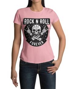 Modern Stylische Bekleidung Damen Shirt Motiv Rock n Roll T-Shirt Bones Tshirt Frauen Totenkopf Heavy Metal Rockige Kurzarm Horns Horn Grunge Clothes Vintage Punk Schwarz Weiß Rosa Grau (Rosa, L) von knut Fashion & Streetwear